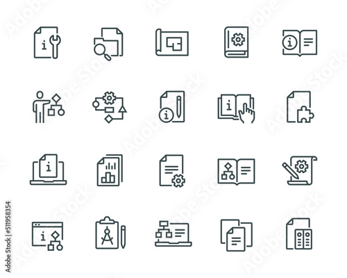 Set of simple icons related to Technical Documentation. Such as instructions, documents, selection process, design, search and use of information. Editable vector stroke. 