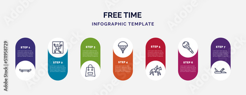infographic template with icons and 7 options or steps. infographic for free time concept. included skate, climbing, bags, parachuting, riding, karaoke, multitool icons.