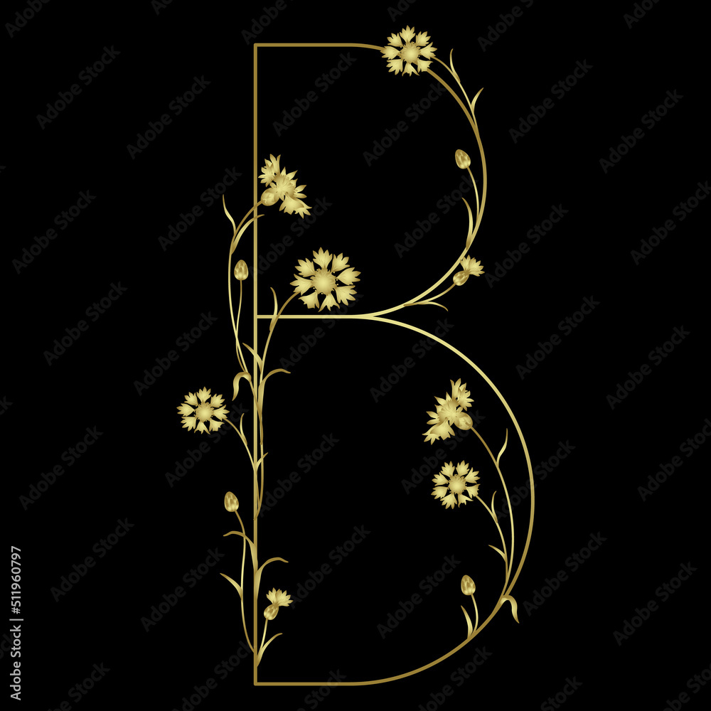 Vecteur Stock Beautiful letter B with blooming branches of cornflower