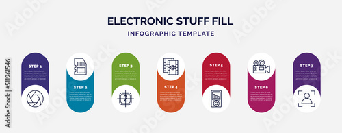 infographic template with icons and 7 options or steps. infographic for electronic stuff fill concept. included aperture, memory card, video file list, photogram, portable music player, film camera,