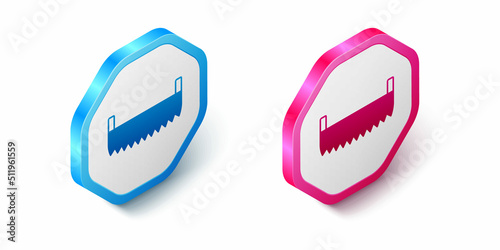 Isometric Two-handed saw icon isolated on white background. Hexagon button. Vector