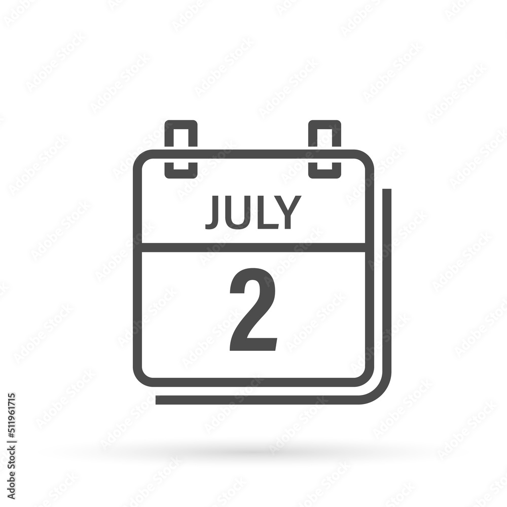 Calendar icon with shadow. July 2, Day, month. Flat vector illustration. Calendar icon with shadow. July 2, Day, month. Flat vector illustration.