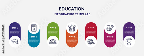 infographic template with icons and 7 options or steps. infographic for education concept. included graduate, thesis, rulers, alarm clock, browsing, test tubes, robinson crusoe icons.