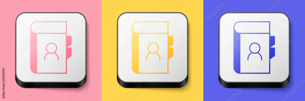 Isometric Phone book icon isolated on pink, yellow and blue background. Address book. Telephone directory. Square button. Vector Isometric Phone book icon isolated on pink, yellow and blue background. Address book. Telephone directory. Square button. Vector