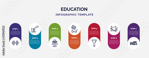infographic template with icons and 7 options or steps. infographic for education concept. included communicating vessels, experimentation, swinging, book and glasses, chemistry funnel, planet