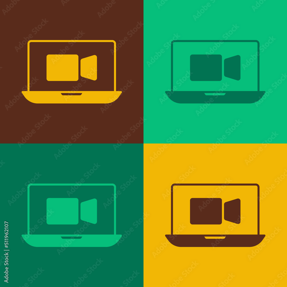 Pop art Video chat conference icon isolated on color background. Online meeting work form home. Remote project management. Vector Pop art Video chat conference icon isolated on color background. Online meeting work form home. Remote project management. Vector