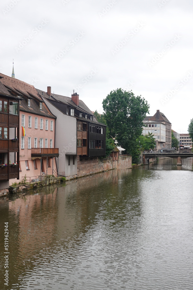 Old houses at the embankment of the river Pegnitz, Nuermberg, Germany