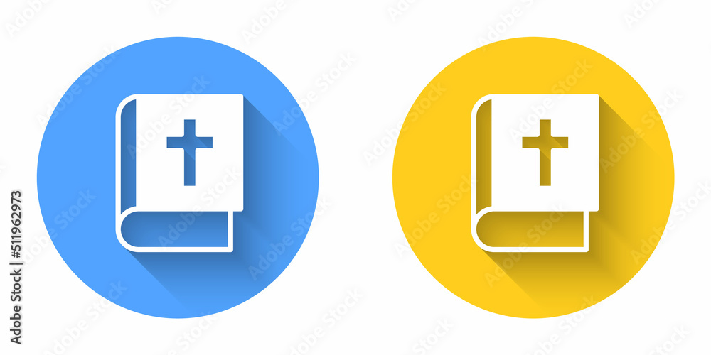 White Holy bible book icon isolated with long shadow background. Circle button. Vector White Holy bible book icon isolated with long shadow background. Circle button. Vector