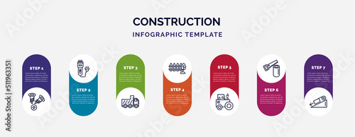 infographic template with icons and 7 options or steps. infographic for construction concept. included two screws, clippers, tipper, garden fence, steamroller, wood saw, inclined icons.