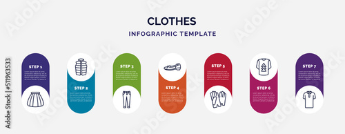 infographic template with icons and 7 options or steps. infographic for clothes concept. included tulle skirt, padded vest, boyfriend low jean, leather shoes, leather gloves, t shirt with de, cotton