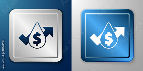 White Oil price increase icon isolated on blue and grey background. Oil industry crisis concept. Silver and blue square button. Vector