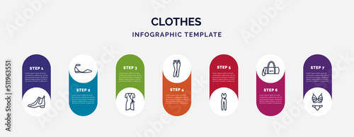 infographic template with icons and 7 options or steps. infographic for clothes concept. included leather chelsea boots, flat shoes, jersey wrap dress, slim fit pants, jumpsuit, barrel handbag,