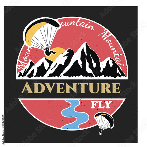 Retro logo with mountains and paragliders. Shabby style. Vector stock illustration. Lake. Extreme sport. Hiking