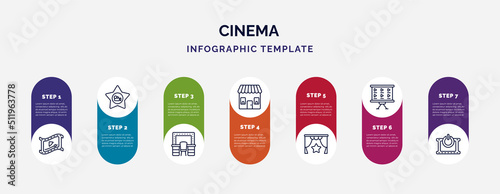 infographic template with icons and 7 options or steps. infographic for cinema concept. included video clip, film star, dressing room, ticket office, premiere, storyboard, turn on icons.