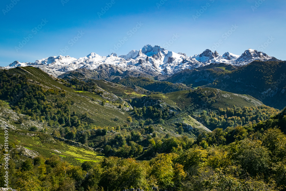 Snow-capped mountains in Picos de Europa National Park, Covadonga, Asturias, Spain.