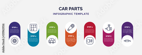 infographic template with icons and 7 options or steps. infographic for car parts concept. included car tyre, car gearbox, taiate, camshaft, fog lamp, distributor, silencer icons.
