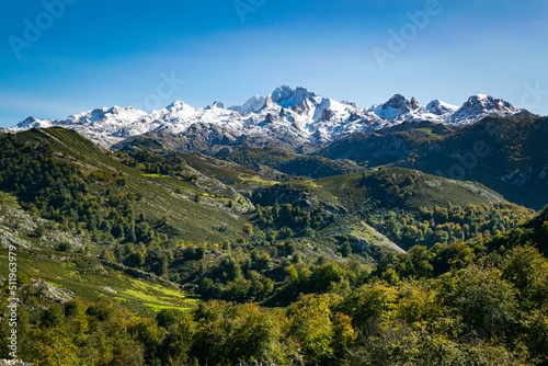 Snow-capped mountains in Picos de Europa National Park, Covadonga, Asturias, Spain.