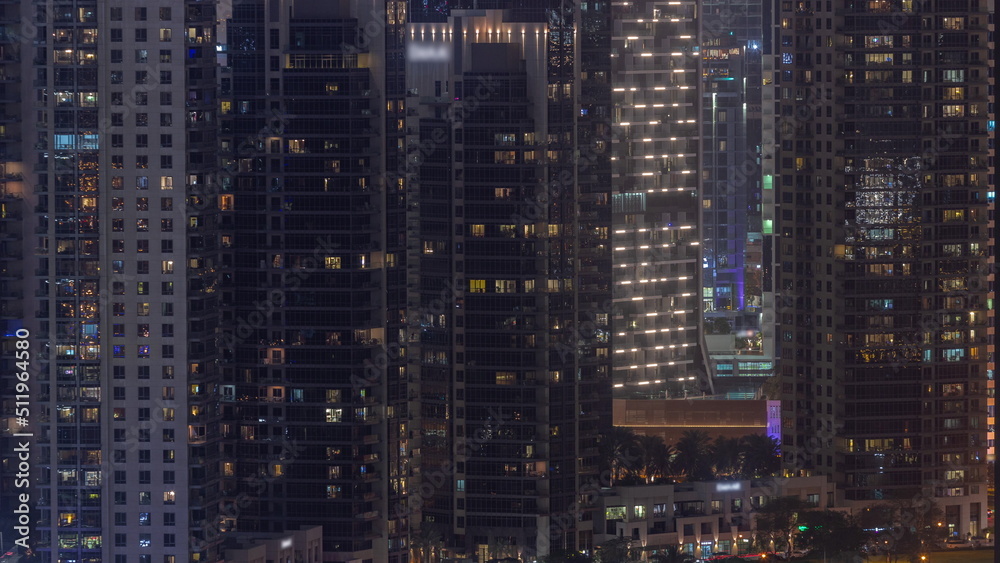 Skyscrapers at the Business Bay in Dubai aerial night timelapse, United Arab Emirates