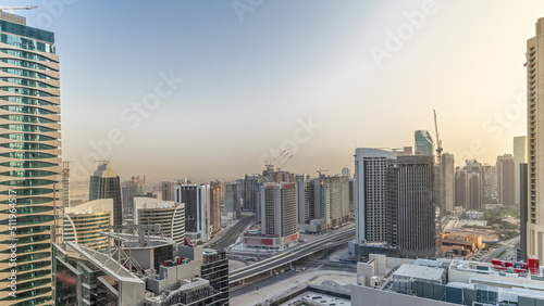 Skyscrapers at the Business Bay in Dubai aerial timelapse  United Arab Emirates