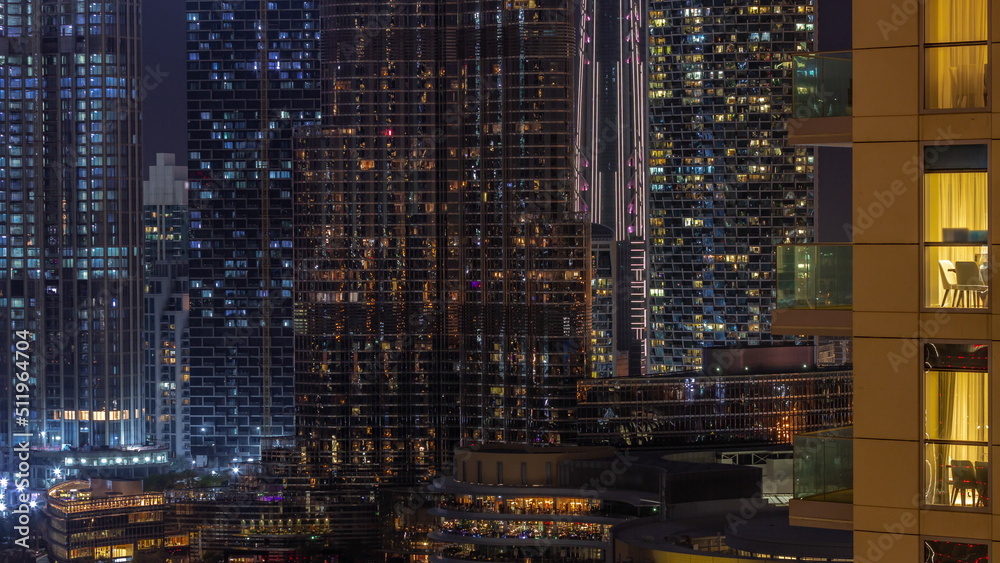 Shopping mall exterior with reastaurants on balconies night timelapse in Dubai, United Arab Emirates Shopping mall exterior with reastaurants on balconies night timelapse in Dubai, United Arab Emirates