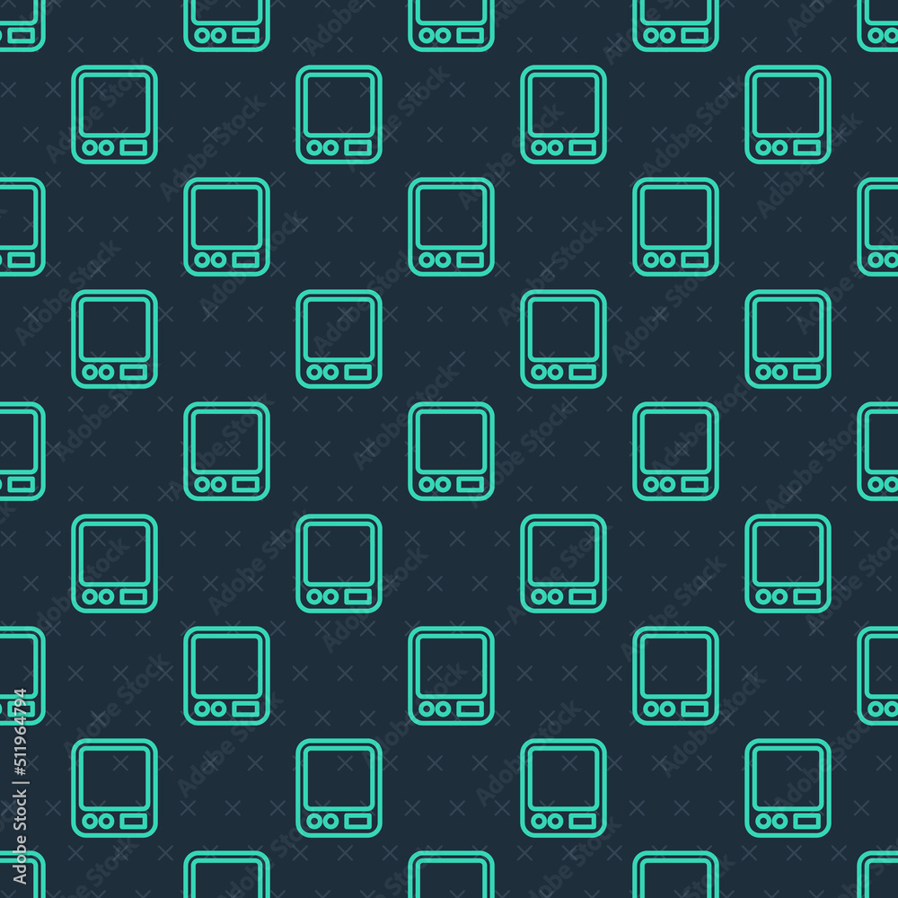 Fototapeta premium Green line Electronic coffee scales icon isolated seamless pattern on blue background. Weight measure equipment. Vector