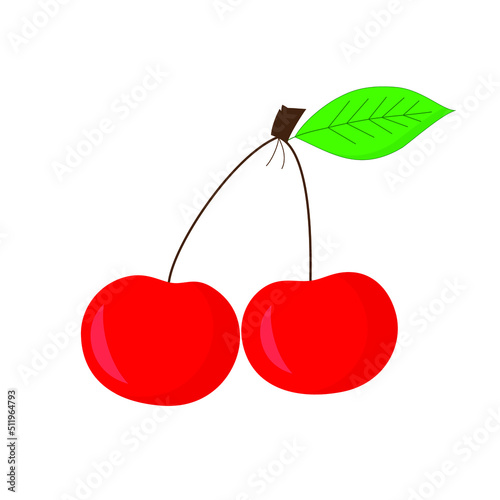 Red cherries with green leaf on a white background. Vector illustration.