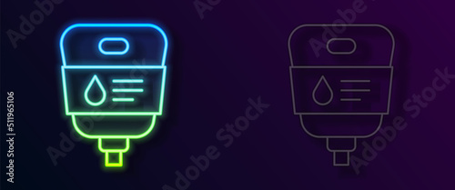 Glowing neon line IV bag icon isolated on black background. Blood bag. Donate blood concept. The concept of treatment and therapy, chemotherapy. Vector