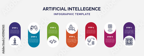 infographic template with icons and 7 options or steps. infographic for artificial intellegence concept. included flyboard, gaming, code, microbots, data transfer, motion sensor, ai grid icons.