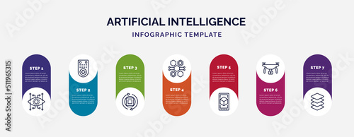 infographic template with icons and 7 options or steps. infographic for artificial intelligence concept. included bionic, remote control, rotation, hexagons, ar, drone, layers icons.