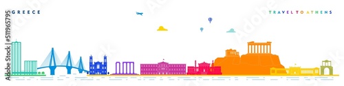 Athens city skyline historical architecture buildings colorful vector illustration. Greece