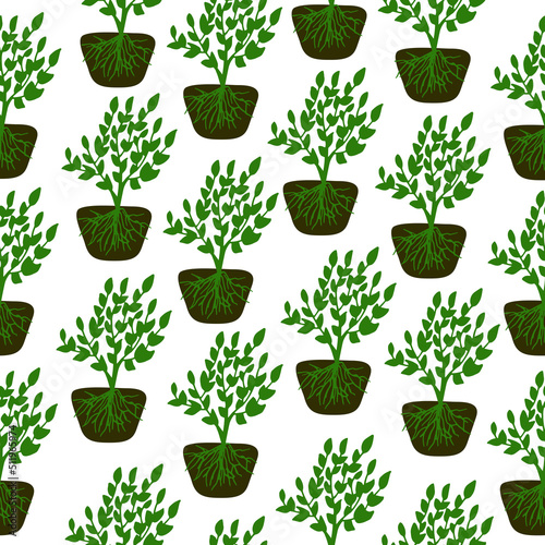 Seamless gardening pattern with cute doodle tree stem with green leaves and root in an earthy cell.