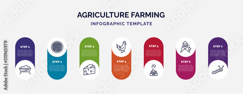 infographic template with icons and 7 options or steps. infographic for agriculture farming concept. included trough, riddle tool, cheese, hen, poo, water tower, caterpillar icons.