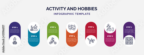 infographic template with icons and 7 options or steps. infographic for activity and hobbies concept. included read, sand art, biking, acting, martial art, parkour, quilt icons.