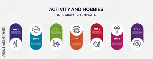 infographic template with icons and 7 options or steps. infographic for activity and hobbies concept. included rappelling, dealer, insect collecting, aquarium, camp, jump rope, greeting icons.