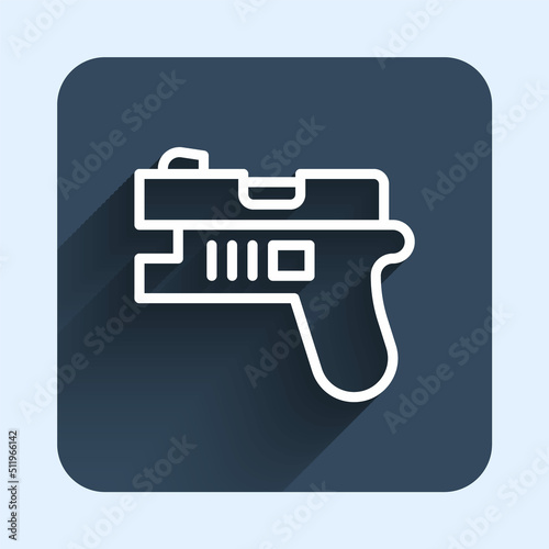 White line Futuristic space gun blaster icon isolated with long shadow background. Laser Handgun. Alien Weapon. Blue square button. Vector