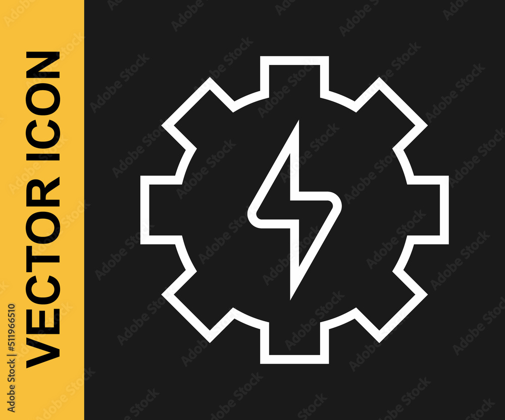 White line Gear and lightning icon isolated on black background. Electric power. Lightning bolt sign. Vector White line Gear and lightning icon isolated on black background. Electric power. Lightning bolt sign. Vector