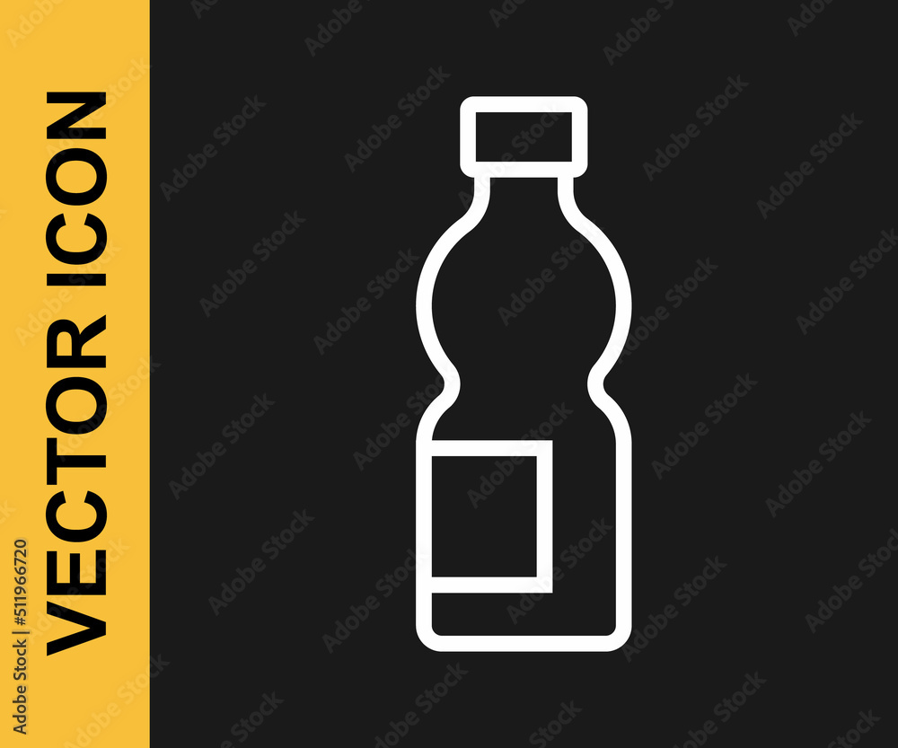 White line Bottle of water icon isolated on black background. Soda aqua drink sign. Vector White line Bottle of water icon isolated on black background. Soda aqua drink sign. Vector