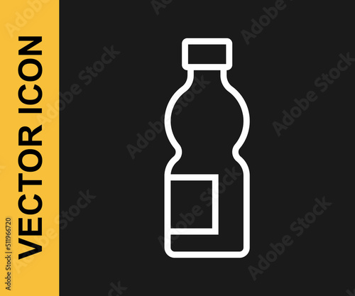 White line Bottle of water icon isolated on black background. Soda aqua drink sign. Vector