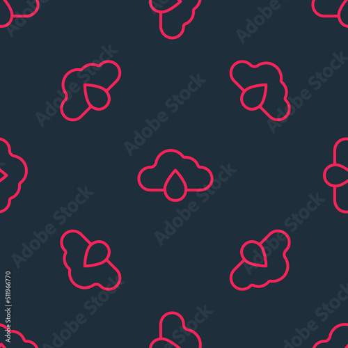 Red line Cloud with rain icon isolated seamless pattern on black background. Rain cloud precipitation with rain drops. Vector