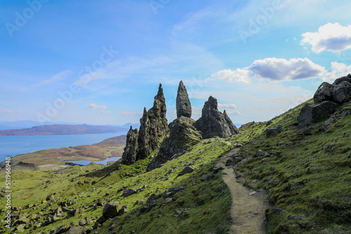 Old Man of Storr stone peaks on the Isle of Skye overlooking the Sound of Rasaay