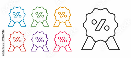 Set line Discount percent tag icon isolated on white background. Shopping tag sign. Special offer sign. Discount coupons symbol. Set icons colorful. Vector