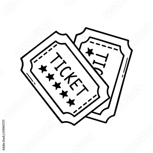 Hand drawn cinema tickets doodle. Movie entrance ticket in sketch style. Vector illustration isolated on white background.