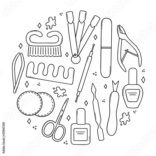 Hand drawn set of manicure and pedicure equipment doodle. Nail salon in sketch style. nail polish, tweezers, polish remover, nail clippers, scissors. Vector illustration isolated on white background.