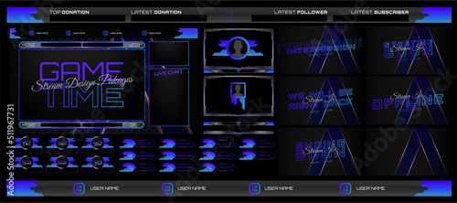 twitch Stream Facecam OBS Template Blue Game overlay design Pack . modern template illustration vector	

