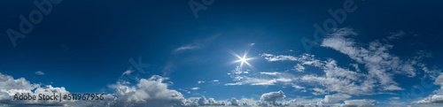 Seamless cloudy blue sky in sunny weather, big thick clouds on blue sky hdri panorama 360 degree view angle with zenith and beautiful clouds for 3D graphics use