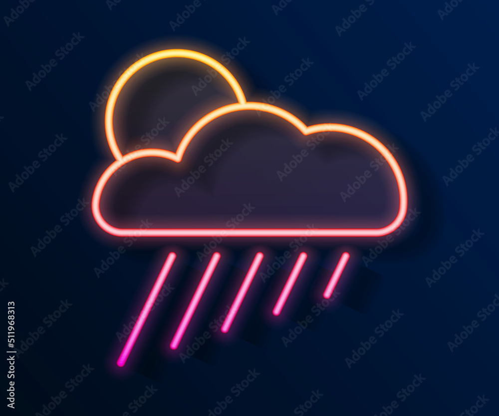 Glowing neon line Cloud with rain and sun icon isolated on black background. Rain cloud precipitation with rain drops. Vector Glowing neon line Cloud with rain and sun icon isolated on black background. Rain cloud precipitation with rain drops. Vector