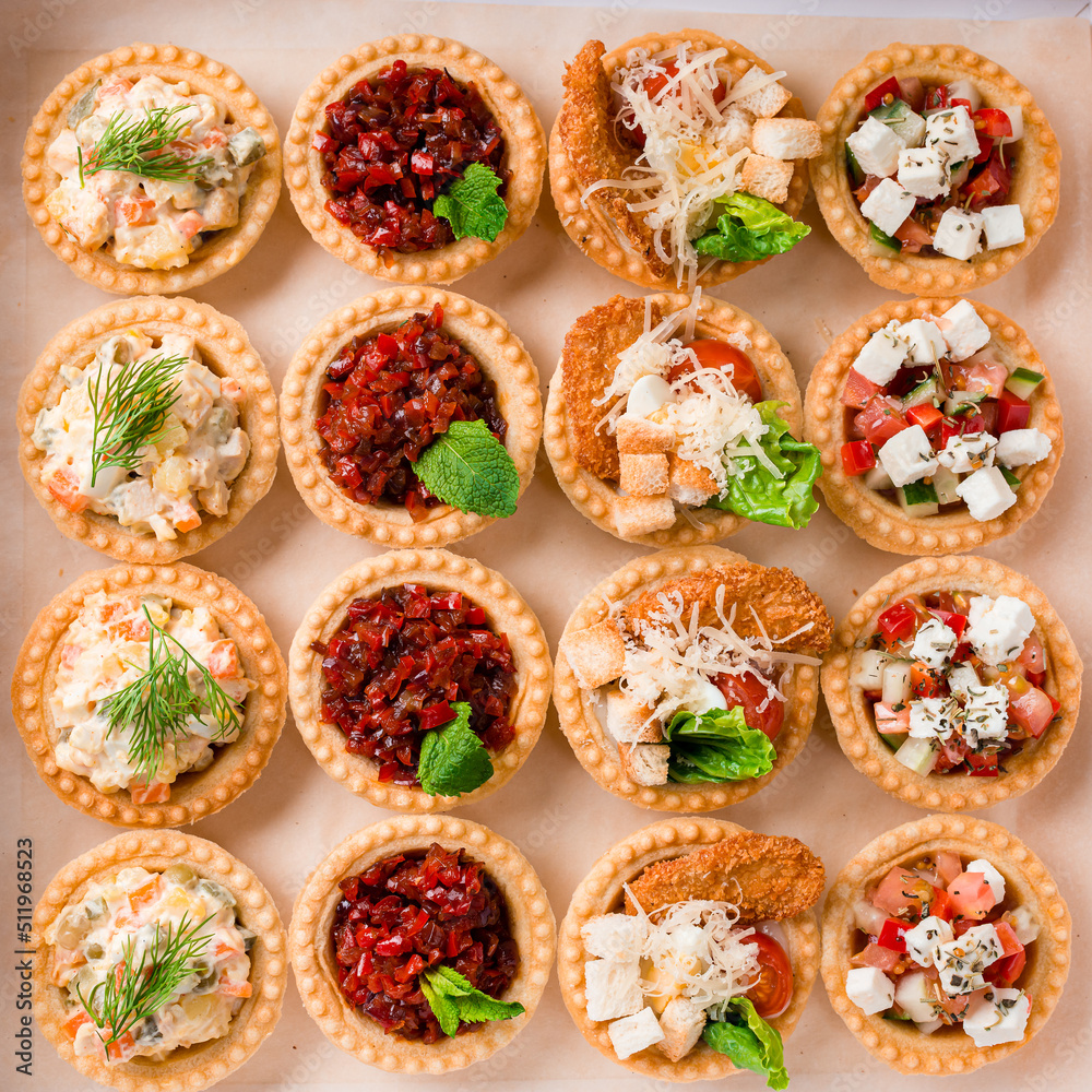Snack food delivery for catering. box with canape snacks shot Fresh tapas Snack food delivery for catering. box with canape snacks shot Fresh tapas
