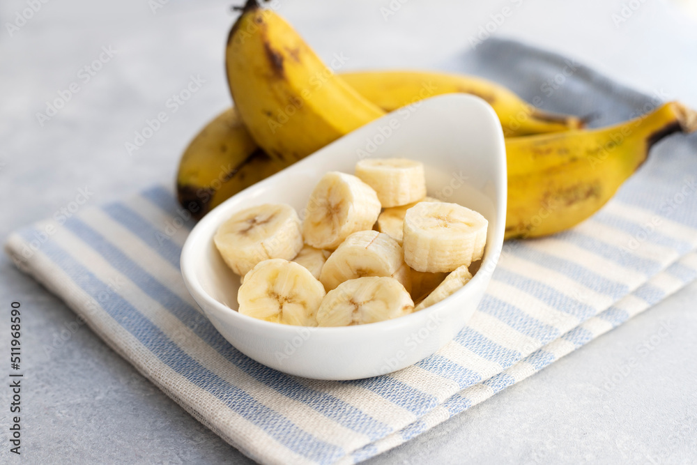 Close up of banana slices in bowl Close up of banana slices in bowl