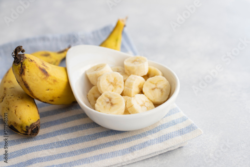 Close up of banana slices in bowl