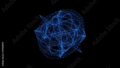 Flowing orbital polygonal sphere shape HUD, FUI element. Plexus style connecting lines and dots. Seamless loop